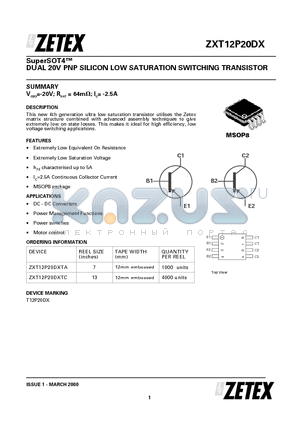 ZXT12P20DXTA datasheet - DUAL 20V PNP SILICON LOW SATURATION SWITCHING TRANSISTOR