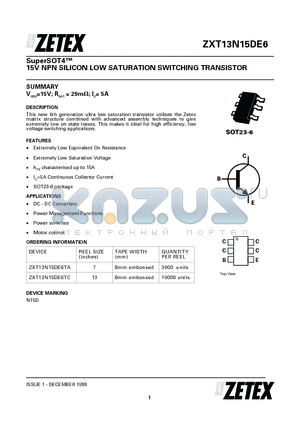 ZXT13N15DE6 datasheet - 15V NPN SILICON LOW SATURATION SWITCHING TRANSISTOR
