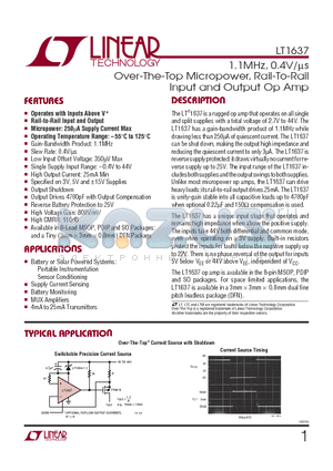 LT1637CN8 datasheet - 1.1MHz, 0.4V/ls Over-The-Top Micropower, Rail-To-Rail Input and Output Op Amp