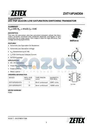 ZXT13P20DE6 datasheet - 20V PNP SILICON LOW SATURATION SWITCHING TRANSISTOR