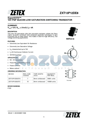 ZXT13P12DE6TC datasheet - 12V PNP SILICON LOW SATURATION SWITCHING TRANSISTOR