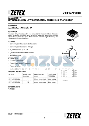 ZXT14N50DXTC datasheet - 50V NPN SILICON LOW SATURATION SWITCHING TRANSISTOR