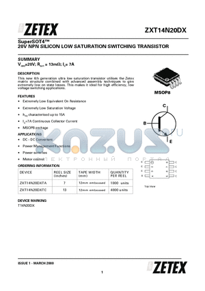 ZXT14N20DX datasheet - 20V NPN SILICON LOW SATURATION SWITCHING TRANSISTOR