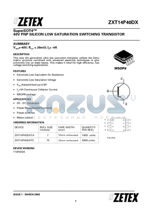 ZXT14P40DX datasheet - SuperSOT4 40V PNP SILICON LOW SATURATION SWITCHING TRANSISTOR