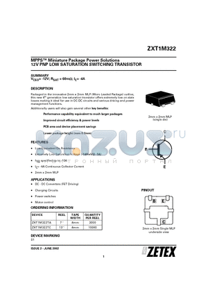 ZXT1M322 datasheet - 12V PNP LOW SATURATION SWITCHING TRANSISTOR