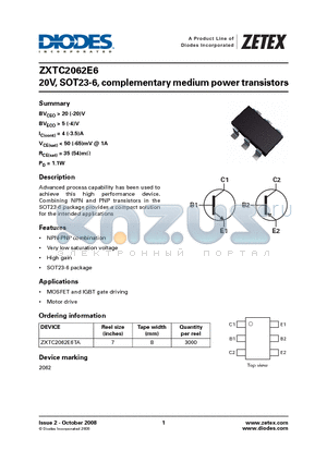 ZXTC2062E6_08 datasheet - 20V, SOT23-6, complementary medium power transistors