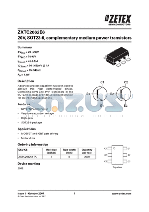 ZXTC2062E6 datasheet - 20V, SOT23-6, complementary medium power transistors
