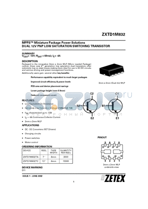ZXTD1M832 datasheet - MPPSTM Miniature Package Power Solutions DUAL 12V PNP LOW SATURATION SWITCHING TRANSISTOR