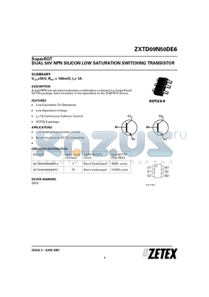 ZXTD09N50DE6 datasheet - DUAL 50V NPN SILICON LOW SATURATION SWITCHING TRANSISTOR