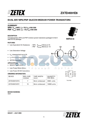ZXTD4591E6 datasheet - DUAL 60V NPN/PNP SILICON MEDIUM POWER TRANSISTORS