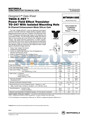MTW6N100 datasheet - TMOS POWER FET 6.0 AMPERES 1000 VOLTS RDS(on) = 1.5 OHM
