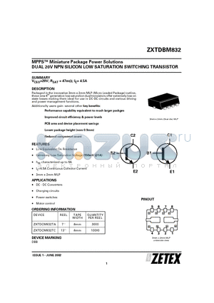 ZXTDBM832 datasheet - MPPS-TM Miniature Package Power Solutions DUAL 20V NPN SILICON LOW SATURATION SWITCHING TRANSISTOR