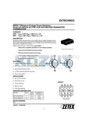 ZXTDC3M832 datasheet - MPPS Miniature Package Power Solutions DUAL 50V NPN & 40V PNP LOW SATURATION TRANSISTOR COMBINATION