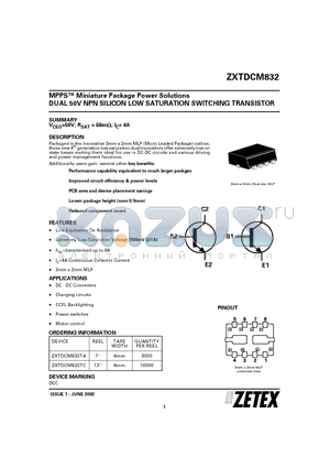 ZXTDCM832 datasheet - MPPS Miniature Package Power Solutions DUAL 50V NPN SILICON LOW SATURATION SWITCHING TRANSISTOR
