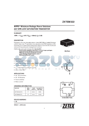 ZXTEM322 datasheet - MPPS Miniature Package Power Solutions 80V NPN LOW SATURATION TRANSISTOR