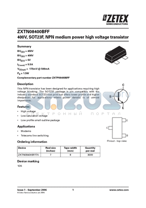 ZXTN08400BFF datasheet - 400V, SOT23F, NPN medium power high voltage transistor