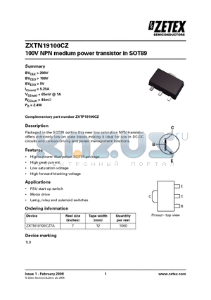 ZXTN19100CZTA datasheet - 100V NPN medium power transistor in SOT89