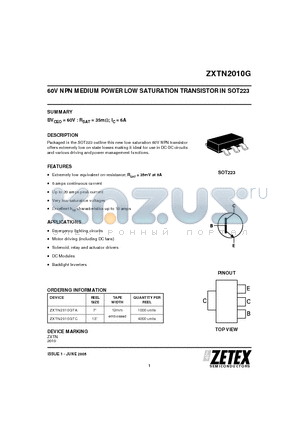 ZXTN2010G datasheet - 60V NPN MEDIUM POWER LOW SATURATION TRANSISTOR IN SOT223