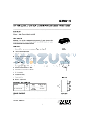 ZXTN2010ZTA datasheet - 60V NPN LOW SATURATION MEDIUM POWER TRANSISTOR IN SOT89