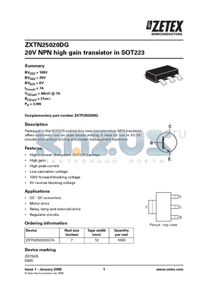 ZXTN25020DG datasheet - 20V NPN high gain transistor in SOT223