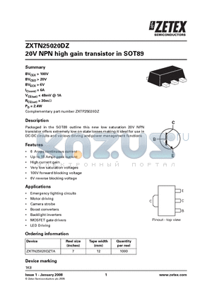ZXTN25020DZTA datasheet - 20V NPN high gain transistor in SOT89