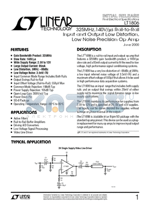 LT1806 datasheet - 325MHz,140V/ms Rail-to-Rail Input and Output Low Distortion, Low Noise Precision Op Amp
