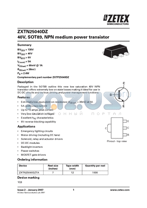 ZXTN25040DZ datasheet - 40V, SOT89, NPN medium power transistor