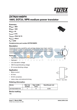 ZXTN25100DFH datasheet - 100V, SOT23, NPN medium power transistor