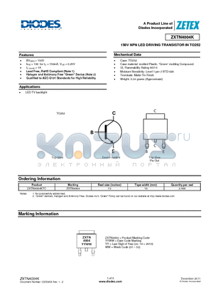 ZXTN4004K datasheet - 150V NPN LED DRIVING TRANSISTOR IN TO252