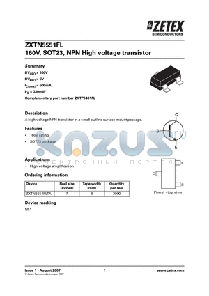ZXTN5551FLTA datasheet - 160V, SOT23, NPN High voltage transistor