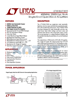 LT1819IS8 datasheet - 400MHz, 2500V/ms, 9mA Single/Dual Operational Amplifiers