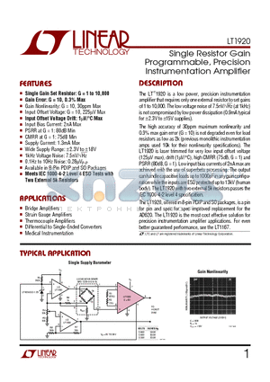 LT1920I datasheet - Single Resistor Gain Programmable, Precision Instrumentation Amplifier