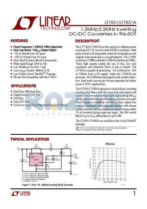 LT1931 datasheet - 1.2MHz/2.2MHz Inverting DC/DC Converters in ThinSOT