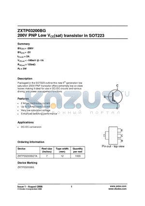 ZXTP03200BGTA datasheet - 200V PNP Low VCE(sat) transistor in SOT223