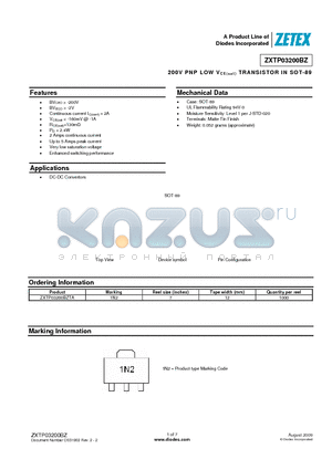 ZXTP03200BZTA datasheet - 200V PNP LOW VCE(sat ) TRANSISTOR IN SOT-89