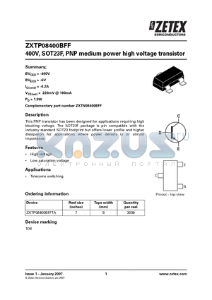 ZXTP08400BFFTA datasheet - 400V, SOT23F, PNP medium power high voltage transistor