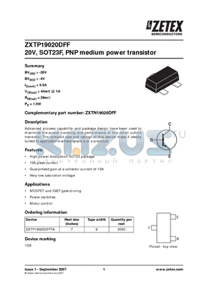 ZXTP19020DFFTA datasheet - 20V, SOT23F, PNP medium power transistor