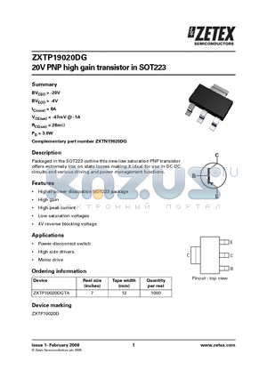 ZXTP19020DG datasheet - 20V PNP high gain transistor in SOT223