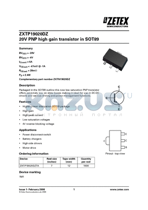ZXTP19020DZTA datasheet - 20V PNP high gain transistor in SOT89