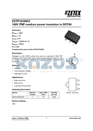 ZXTP19100CZ datasheet - 100V PNP medium power transistor