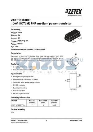 ZXTP19100CFFTA datasheet - 100V, SOT23F, PNP medium power transistor