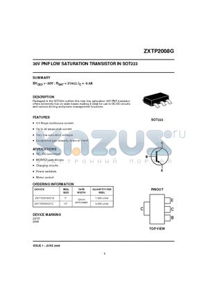 ZXTP2008GTC datasheet - 30V PNP LOW SATURATION TRANSISTOR IN SOT223