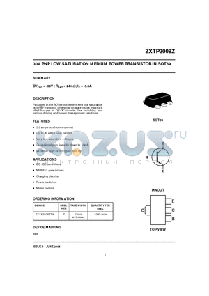 ZXTP2008Z datasheet - 30V PNP LOW SATURATION MEDUIM POWER TRANSISTOR IN SOT89