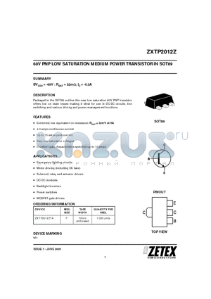 ZXTP2012ZTA datasheet - 60V PNP LOW SATURATION MEDIUM POWER TRANSISTOR IN SOT89