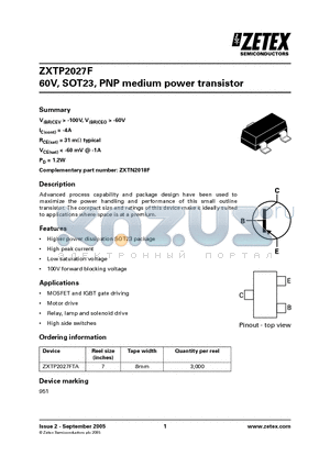 ZXTP2027FTA datasheet - 60V, SOT23, PNP medium power transistor