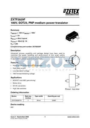 ZXTP2029F datasheet - 100V, SOT23, PNP medium power transistor