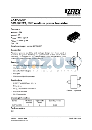 ZXTP2025FTA datasheet - 50V, SOT23, PNP medium power transistor