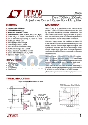 LT1969 datasheet - Dual 700MHz, 200mA, Adjustable Current Operational Amplifier