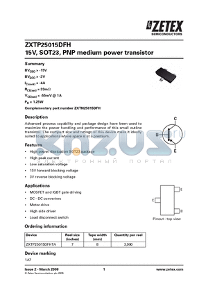 ZXTP25015DFH datasheet - 15V, SOT23, PNP medium power transistor