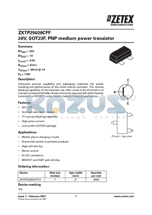 ZXTP25020CFFTA datasheet - 20V, SOT23F, PNP medium power transistor